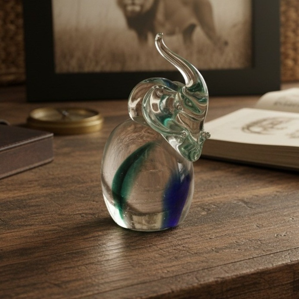 Murano Style Blown Glass Elephant Figurine, Vintage Multicolor Paperweight